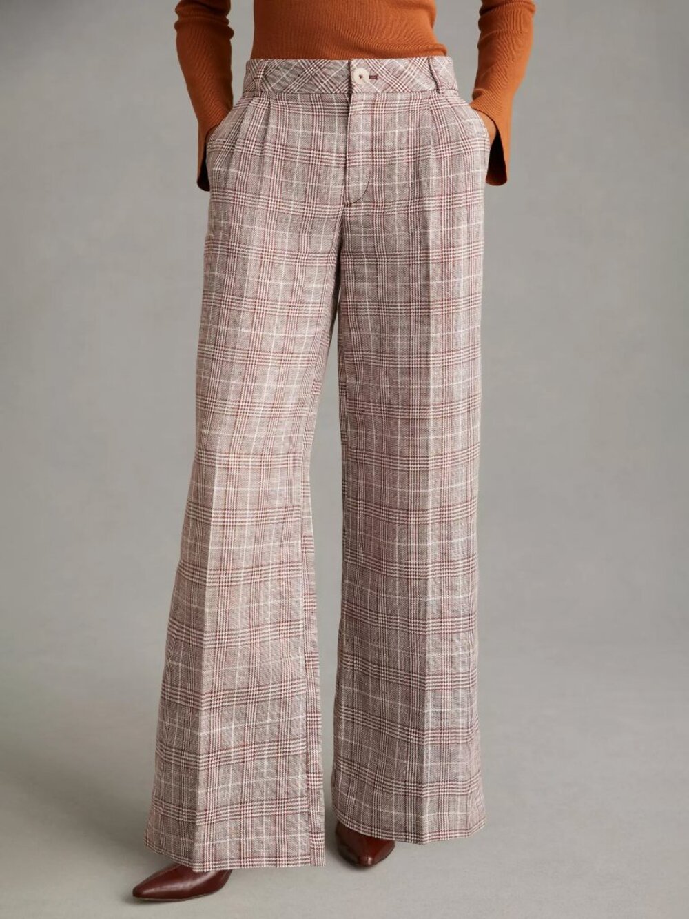 Maeve Anthropologie Linen blend Wide Leg Pleated Plaid Trousers